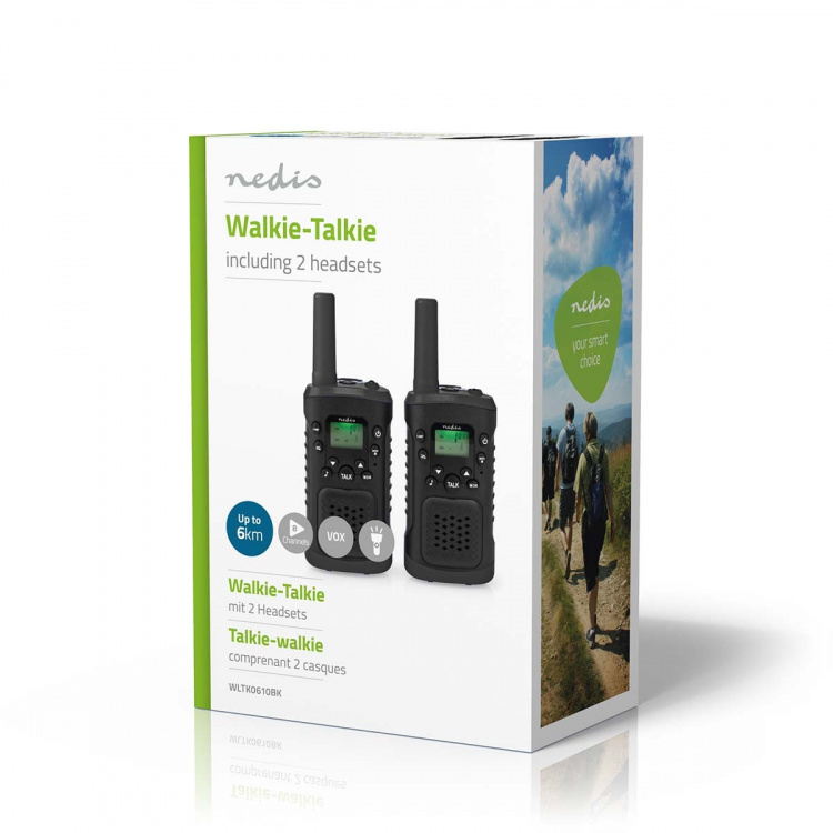Nedis Walkie-talkie Set | 2 handenheter | Upp till 6 km | Frekvens kanaler: 8 | PTT / VOX | 180 min | Hörlursuttag | 2 Headset | Svart