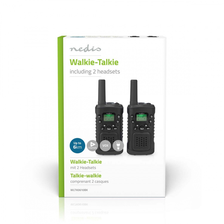 Nedis Walkie-talkie Set | 2 handenheter | Upp till 6 km | Frekvens kanaler: 8 | PTT / VOX | 180 min | Hörlursuttag | 2 Headset | Svart