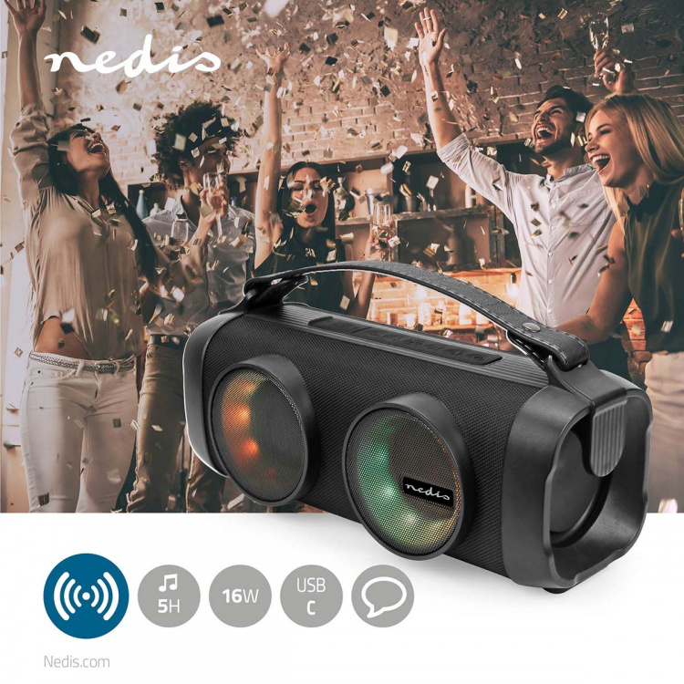 Nedis Bluetooth® Party Boombox | 5 timmar | 2.0 | 24 W | Uppspelning av media: AUX / USB | X4 | Synkroniseringsbar | Bärhandtag | Festljus | Svart