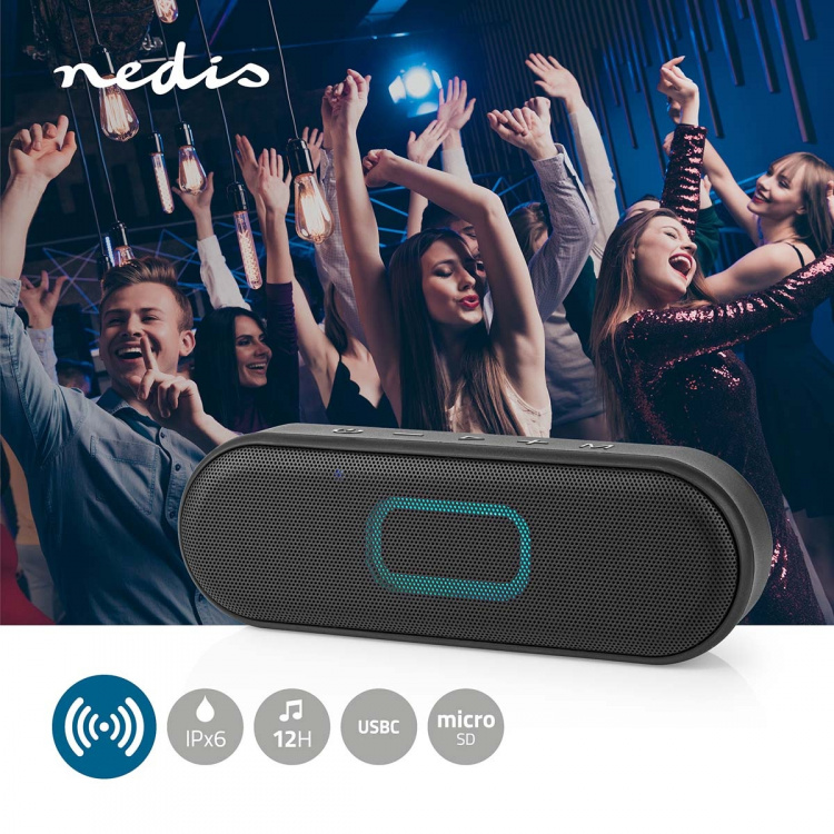 Nedis Bluetooth® Högtalare | Maximal batteritid: 12 timmar | Handhållen design | 16 W | Stereo | Inbygd mikrofon | IPX6 | Synkroniseringsbar | Svart