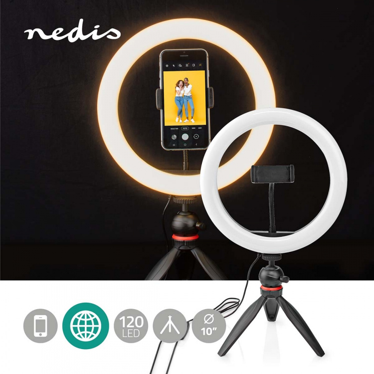 Nedis Ringljus | 10 inch | 120 LED\'s | 2700 - 6700 K | Trevbensstativ | Svart Nedis Ringljus | 10 inch | 120 LED\'s | 2700 - 6700 K | Trevbensstativ | Svart