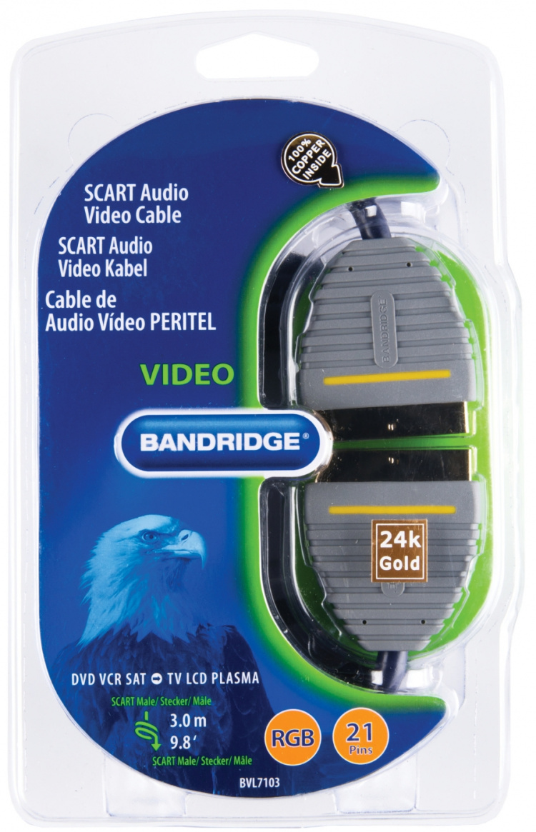 Bandridge SCART-Kabel SCART hane - SCART hane 3.00 m Blå