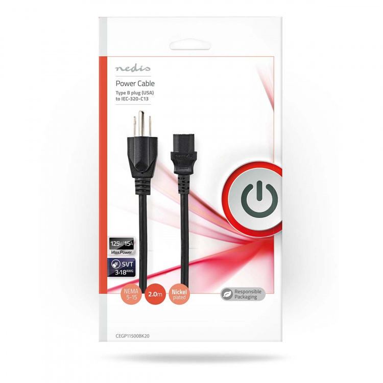 Nedis Strömkabel | USA Hane | IEC-320-C13 | Rak | Rak | Nickelplaterad | 2.00 m | Rund | PVC | Svart | Kuvert