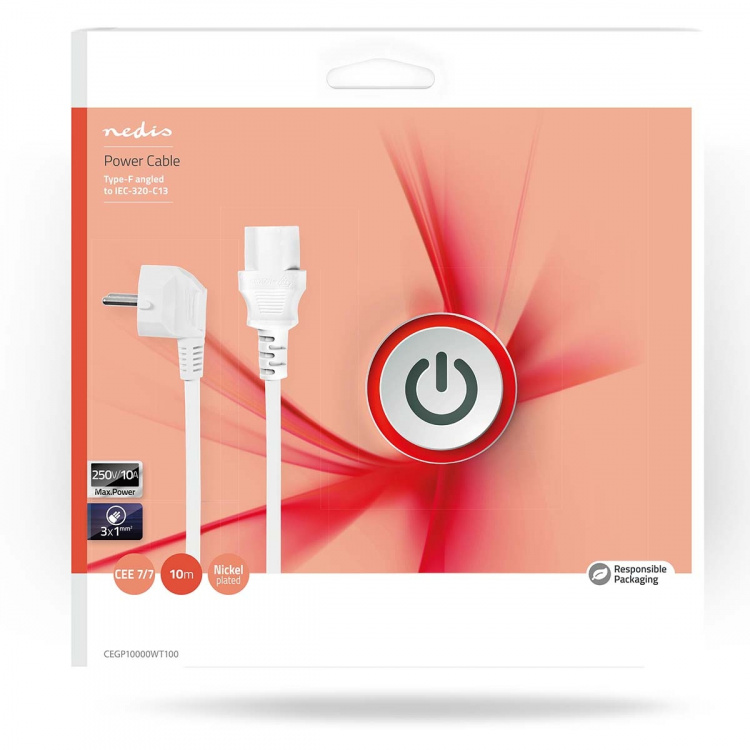 Nedis Strömkabel | Strömkontakt Hane | IEC-320-C13 | Vinklat | Rak | Nickelplaterad | 10.0 m | Rund | PVC | Vit | Låda Nedis Strömkabel | Strömkontakt Hane | IEC-320-C13 | Vinklat | Rak | Nickelplaterad | 10.0 m | Rund | PVC | Vit | Låda