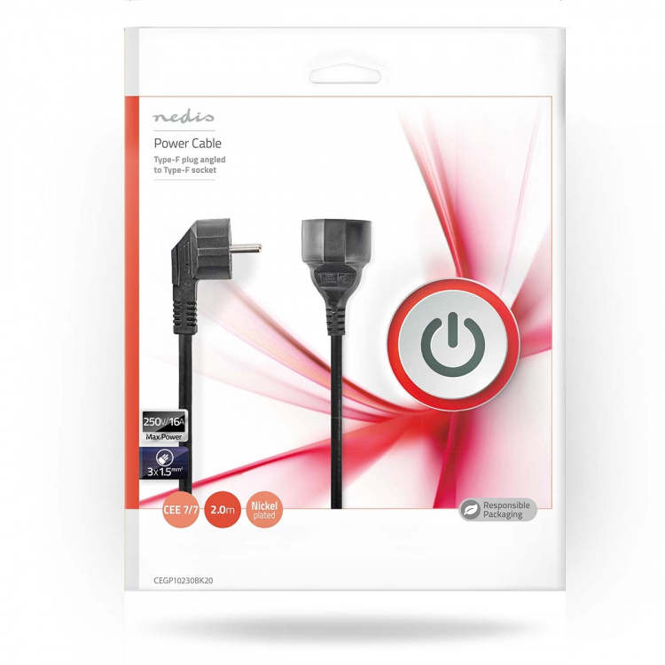 Nedis Strömkabel | Strömkontakt Hane | Strömkontakt Hona | Vinklat | Rak | Nickelplaterad | 2.00 m | Rund | PVC | Svart | Kuvert