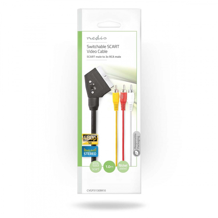 Nedis SCART-kabel | SCART Hane | 3x RCA Hane | Nickelplaterad | Bytbar | 480p | 1.00 m | Rund | PVC | Svart | Kuvert