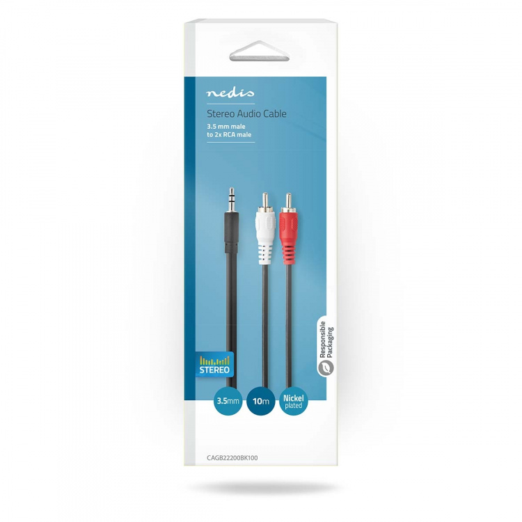 Nedis Stereoljudkabel | 3.5 mm Hane | 2x RCA Hane | Nickelplaterad | 10.0 m | Rund | Svart | Låda