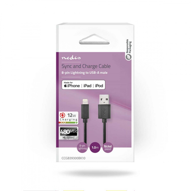 Nedis Lightning Kabel | USB 2.0 | Apple Lightning, 8-stifts | USB-A Hane | 480 Mbps | Nickelplaterad | 1.00 m | Rund | PVC | Svart | Låda Nedis Lightning Kabel | USB 2.0 | Apple Lightning, 8-stifts | USB-A Hane | 480 Mbps | Nickelplaterad | 1.00 m | Rund | PVC | Svart | Låda