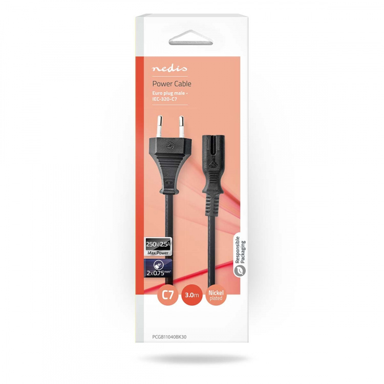Nedis Strömkabel | Euro Man | IEC-320-C7 | Rak | Rak | Nickelplaterad | 3.00 m | Platt | PVC | Svart | Låda Nedis Strömkabel | Euro Man | IEC-320-C7 | Rak | Rak | Nickelplaterad | 3.00 m | Platt | PVC | Svart | Låda