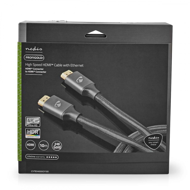 Nedis High Speed ​​HDMI ™ kabel med Ethernet | HDMI™ Kontakt | HDMI™ Kontakt | 4K@60Hz | ARC | 18 Gbps | 10.0 m | Rund | Bomull | Grått Med Metall | Kartong med täckt fönster