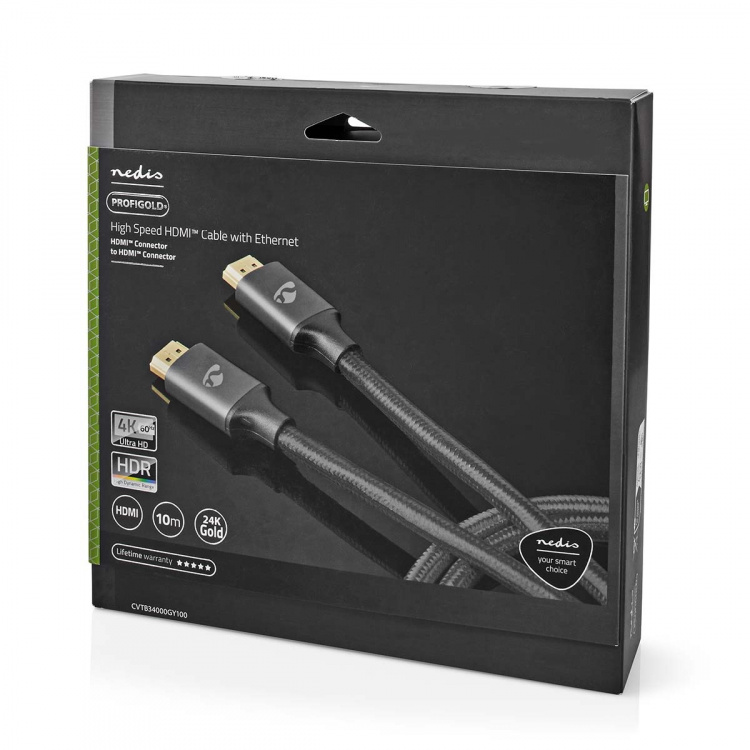 Nedis High Speed ​​HDMI ™ kabel med Ethernet | HDMI™ Kontakt | HDMI™ Kontakt | 4K@60Hz | ARC | 18 Gbps | 10.0 m | Rund | Bomull | Grått Med Metall | Kartong med täckt fönster
