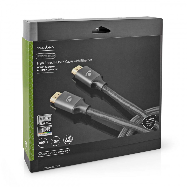 Nedis High Speed ​​HDMI ™ kabel med Ethernet | HDMI™ Kontakt | HDMI™ Kontakt | 4K@60Hz | ARC | 18 Gbps | 10.0 m | Rund | Bomull | Grått Med Metall | Kartong med täckt fönster