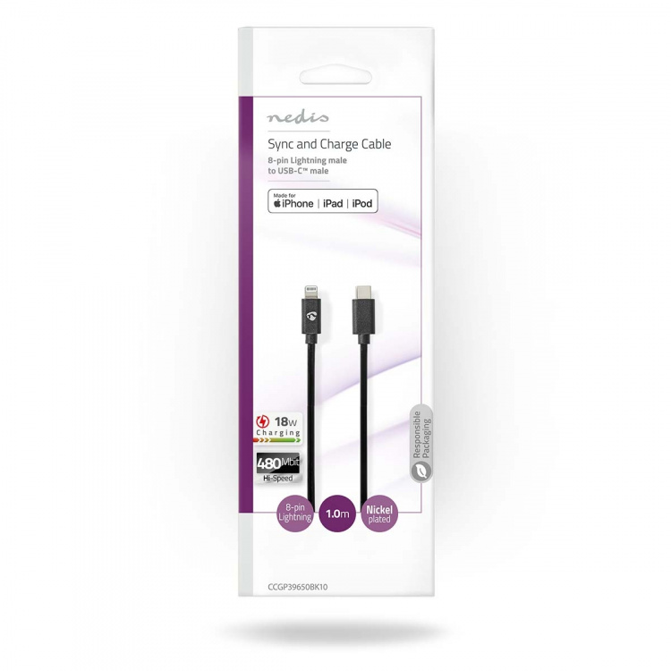 Nedis Lightning Kabel | USB 2.0 | Apple Lightning, 8-stifts | USB-C™ Hane | 480 Mbps | Nickelplaterad | 1.00 m | Rund | PVC | Svart | Kuvert