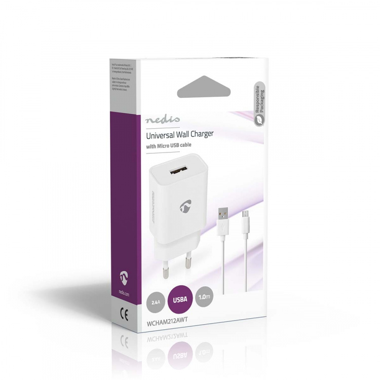 Nedis Väggladdare | 12 W | Snabbladdnings funktion | 2.4 A | Antal utgångar: 1 | USB-A | Micro USB (Lös) Kabel | 1.00 m | Single Voltage Output | Vit