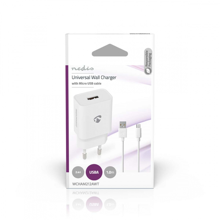 Nedis Väggladdare | 12 W | Snabbladdnings funktion | 2.4 A | Antal utgångar: 1 | USB-A | Micro USB (Lös) Kabel | 1.00 m | Single Voltage Output | Vit