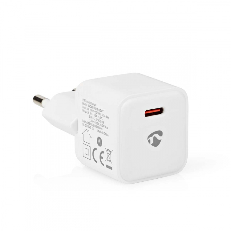 Nedis Väggladdare | 20 W | PD3.0 20W | Snabbladdnings funktion | 1.67 A / 2.22 A / 3.0 A | Antal utgångar: 1 | USB-C™ | Automatiskt val av Spänning | Vit