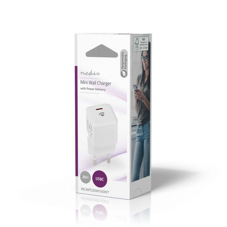 Nedis Väggladdare | 20 W | PD3.0 20W | Snabbladdnings funktion | 1.67 A / 2.22 A / 3.0 A | Antal utgångar: 1 | USB-C™ | Automatiskt val av Spänning | Vit