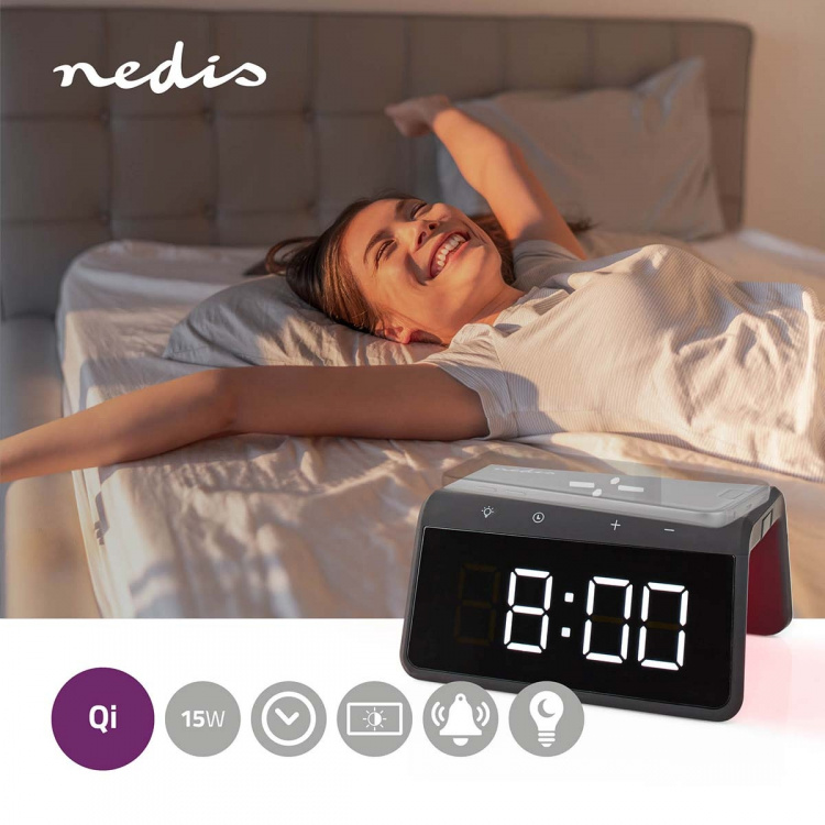 Nedis Trådlös laddare för Väckarklocka | Qi certifierad | 5 / 7.5 / 10 / 15 W | USB-A Male | Nattlampa | 2 Larmtider | Snooze-funktion