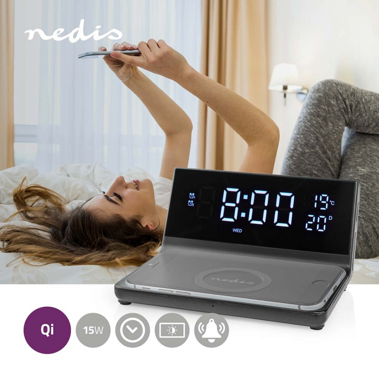 Nedis Trådlös laddare för Väckarklocka | Qi certifierad | 5 / 7.5 / 10 / 15 W | USB-A Male | 2 Larmtider | Snooze-funktion Nedis Trådlös laddare för Väckarklocka | Qi certifierad | 5 / 7.5 / 10 / 15 W | USB-A Male | 2 Larmtider | Snooze-funktion
