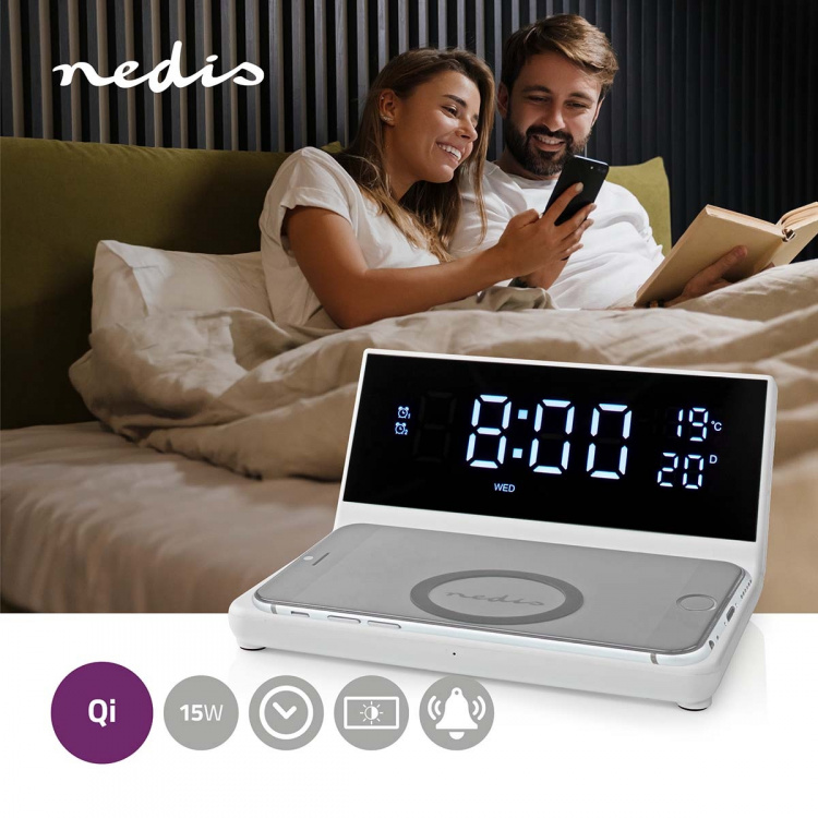 Nedis Trådlös laddare för Väckarklocka | Qi certifierad | 5 / 7.5 / 10 / 15 W | USB-A Male | 2 Larmtider | Snooze-funktion
