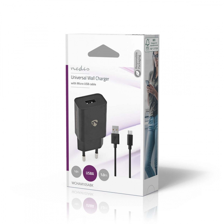 Nedis Väggladdare | 5 W | 1.0 A A | Antal utgångar: 1 | USB-A | Micro USB (Lös) Kabel | 1.00 m | Single Voltage Output | Svart