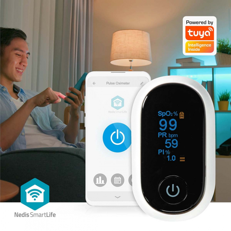 Nedis SmartLife Syremätare | Bluetooth® | LED | Auditivt larm / Perfusionsindex / Pulsfrekvens / Sensor med hög precision / Störning av rörelsehindret / Syremättnad (SpO2) | Vit