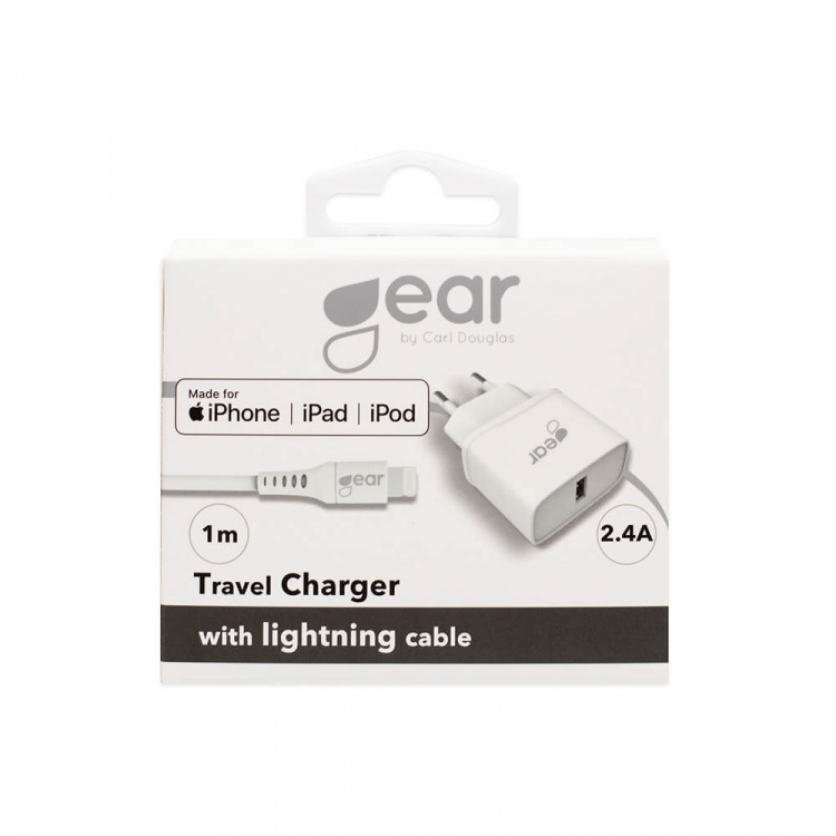 Gear Laddare 220V 1xUSB 2,4A Vit Lightning Kabel 1m MFI C89 Gear Laddare 220V 1xUSB 2,4A Vit Lightning Kabel 1m MFI C89