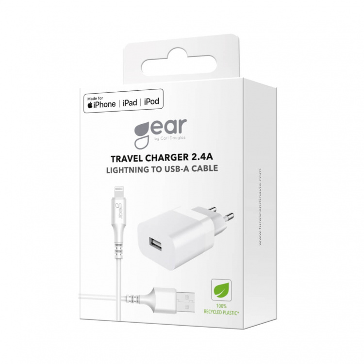 Gear Laddare 220V 1xUSB 2,4A Vit Lightning Kabel 1m MFI C89 Gear Laddare 220V 1xUSB 2,4A Vit Lightning Kabel 1m MFI C89