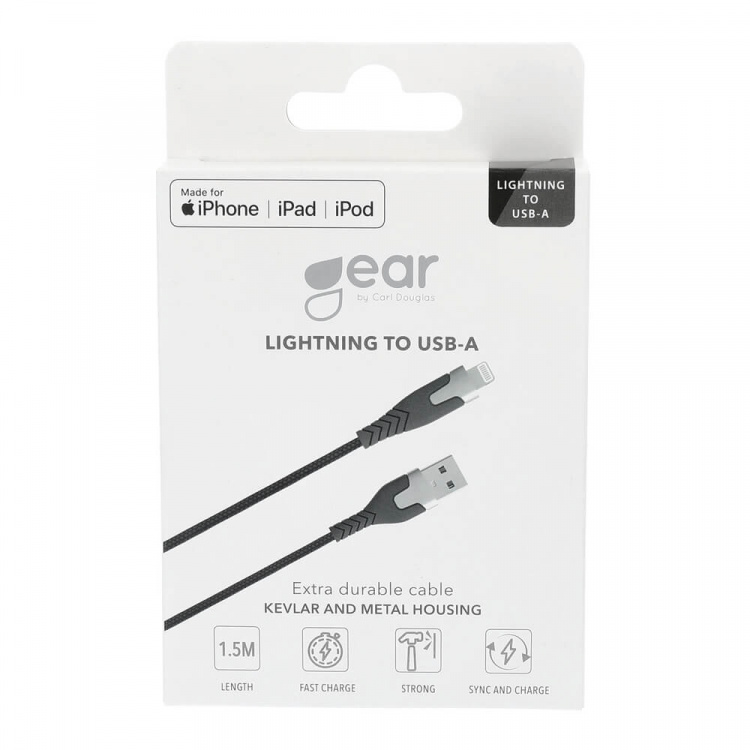 Gear Laddkabel PRO USB-A till Lightning C89 1.5m Svart Kevlarkabel med Metallkopplingar Gear Laddkabel PRO USB-A till Lightning C89 1.5m Svart Kevlarkabel med Metallkopplingar