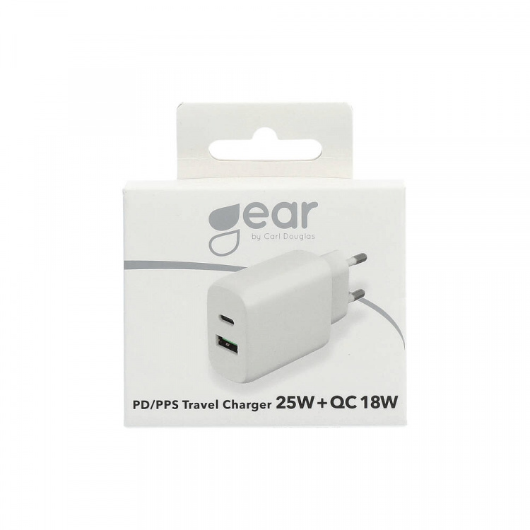 Gear Laddare 220V 1xUSB-C + 1xUSB-A PD/PPS 25W + 18W QC Vit Gear Laddare 220V 1xUSB-C + 1xUSB-A PD/PPS 25W + 18W QC Vit