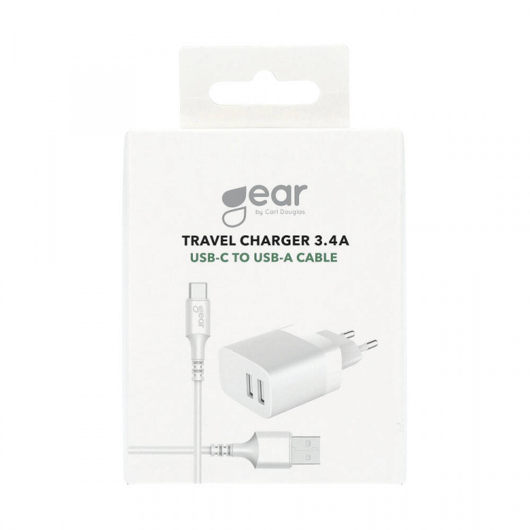 Gear Laddare 220V 2xUSB 3.4A Vit USB-C 2.0 Kabel 1m Gear Laddare 220V 2xUSB 3.4A Vit USB-C 2.0 Kabel 1m