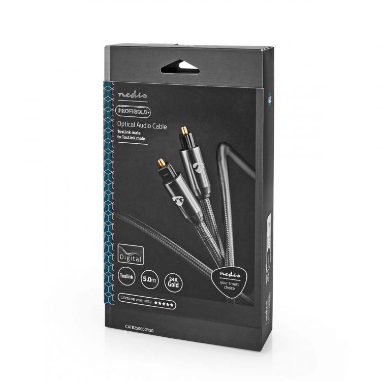 Nedis Optisk ljudkabel | TosLink Hane | TosLink Hane | 5.00 m | Rund | Flätad | Grått Med Metall | Kartong med täckt fönster