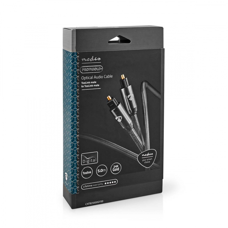 Nedis Optisk ljudkabel | TosLink Hane | TosLink Hane | 5.00 m | Rund | Flätad | Grått Med Metall | Kartong med täckt fönster