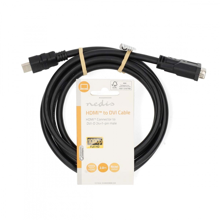 Nedis HDMI™ kabel | HDMI™ Kontakt | DVI-D 24+1-Pin Hane | 1080p | Nickelplaterad | 2.00 m | Rak | PVC | Svart | Label