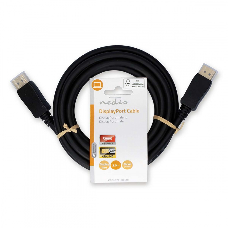 Nedis Displayport-kabel | DisplayPort Hane | DisplayPort Hane | 8K@60Hz | Guldplaterad | 3.00 m | Rund | PVC | Svart | Label