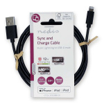 Nedis Lightning Kabel | USB 2.0 | Apple Lightning, 8-stifts | USB-A Hane | 480 Mbps | Nickelplaterad | 2.00 m | Rund | PVC | Svart | Label