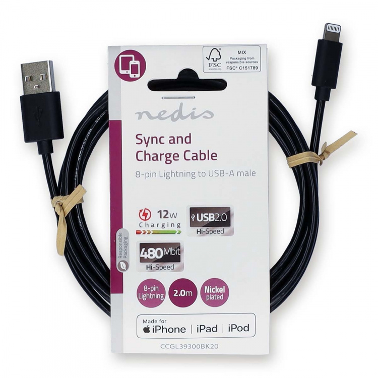 Nedis Lightning Kabel | USB 2.0 | Apple Lightning, 8-stifts | USB-A Hane | 480 Mbps | Nickelplaterad | 2.00 m | Rund | PVC | Svart | Label
