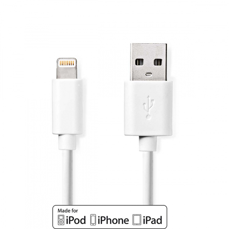 Nedis Lightning Kabel | USB 2.0 | Apple Lightning, 8-stifts | USB-A Hane | 480 Mbps | Nickelplaterad | 1.00 m | Rund | PVC | Vit | Label Nedis Lightning Kabel | USB 2.0 | Apple Lightning, 8-stifts | USB-A Hane | 480 Mbps | Nickelplaterad | 1.00 m | Rund | PVC | Vit | Label
