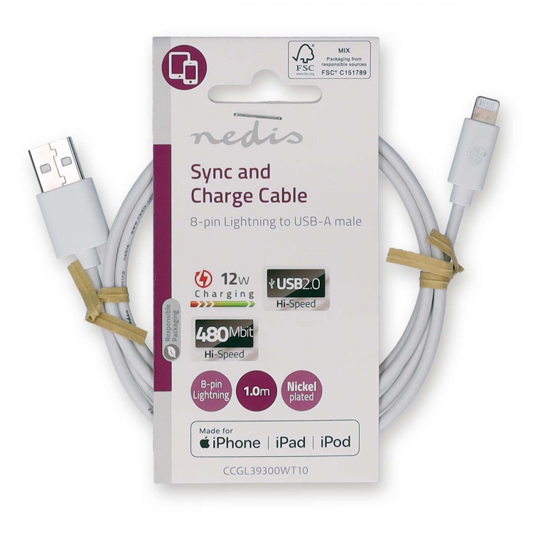 Nedis Lightning Kabel | USB 2.0 | Apple Lightning, 8-stifts | USB-A Hane | 480 Mbps | Nickelplaterad | 1.00 m | Rund | PVC | Vit | Label Nedis Lightning Kabel | USB 2.0 | Apple Lightning, 8-stifts | USB-A Hane | 480 Mbps | Nickelplaterad | 1.00 m | Rund | PVC | Vit | Label
