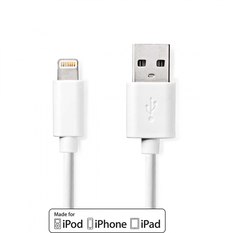 Nedis Lightning Kabel | USB 2.0 | Apple Lightning, 8-stifts | USB-A Hane | 480 Mbps | Nickelplaterad | 2.00 m | Rund | PVC | Vit | Label Nedis Lightning Kabel | USB 2.0 | Apple Lightning, 8-stifts | USB-A Hane | 480 Mbps | Nickelplaterad | 2.00 m | Rund | PVC | Vit | Label