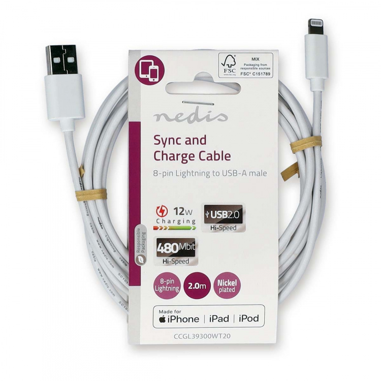 Nedis Lightning Kabel | USB 2.0 | Apple Lightning, 8-stifts | USB-A Hane | 480 Mbps | Nickelplaterad | 2.00 m | Rund | PVC | Vit | Label Nedis Lightning Kabel | USB 2.0 | Apple Lightning, 8-stifts | USB-A Hane | 480 Mbps | Nickelplaterad | 2.00 m | Rund | PVC | Vit | Label