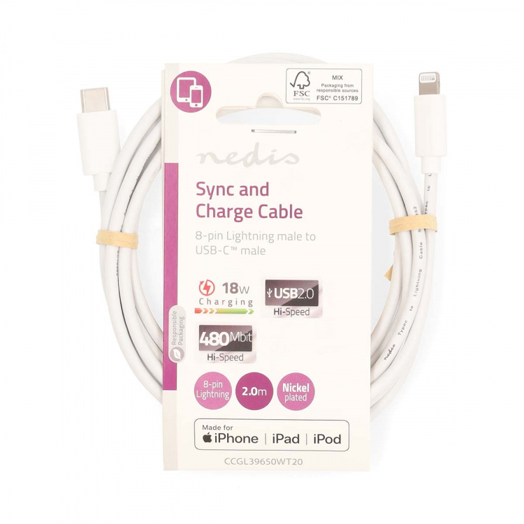 Nedis Lightning Kabel | USB 2.0 | Apple Lightning, 8-stifts | USB-C™ Hane | 480 Mbps | Nickelplaterad | 2.00 m | Rund | PVC | Vit | Label Nedis Lightning Kabel | USB 2.0 | Apple Lightning, 8-stifts | USB-C™ Hane | 480 Mbps | Nickelplaterad | 2.00 m | Rund | PVC | Vit | Label