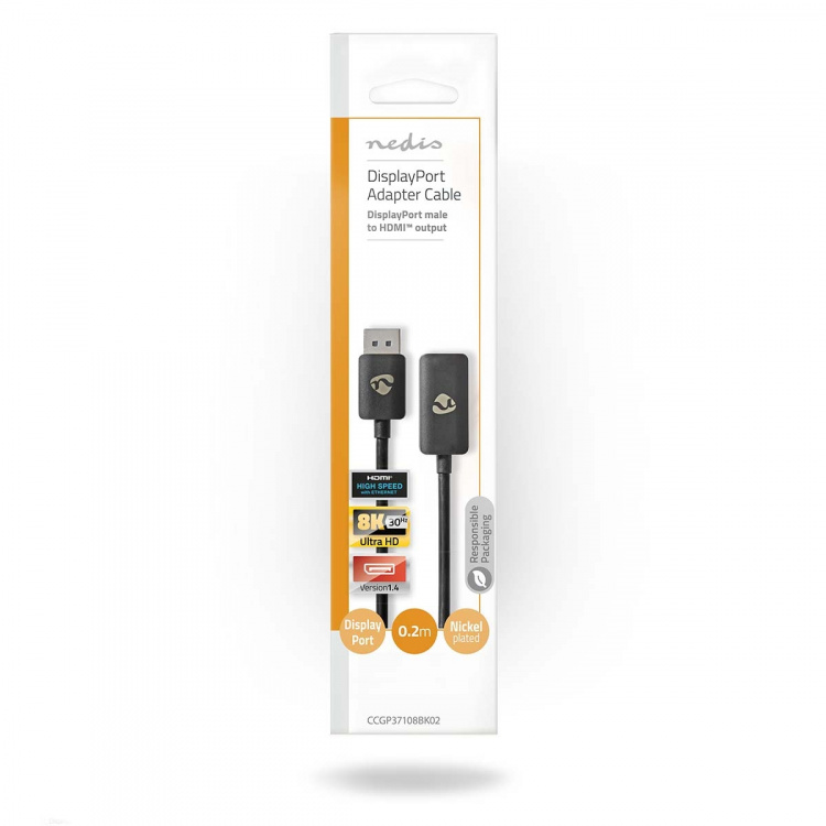 Nedis Displayport-adapter | DisplayPort Hane | HDMI™ Utgång | 8K@30Hz | Nickelplaterad | Rak | 0.20 m | Rund | TPE | PVC | Svart | Kuvert