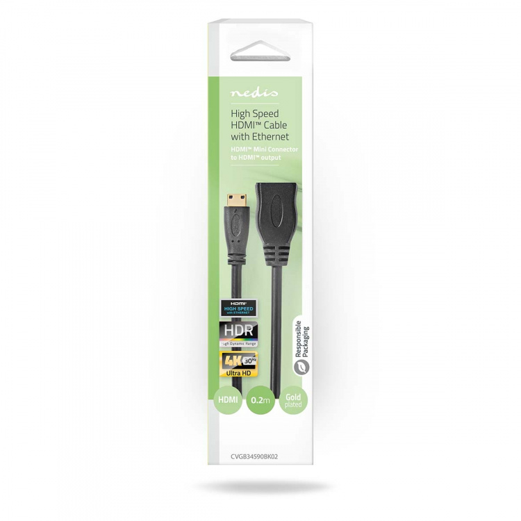 Nedis High Speed HDMI ™ kabel med Ethernet | HDMI™ Mini kontakt | HDMI™ Utgång | 4K@30Hz | 10.2 Gbps | 0.20 m | Rund | PVC | Svart | Låda Nedis High Speed HDMI ™ kabel med Ethernet | HDMI™ Mini kontakt | HDMI™ Utgång | 4K@30Hz | 10.2 Gbps | 0.20 m | Rund | PVC | Svart | Låda