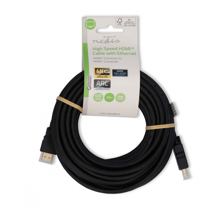Nedis High Speed ​​HDMI ™ kabel med Ethernet | HDMI™ Kontakt | HDMI™ Kontakt | 4K@30Hz | ARC | 10.2 Gbps | 7.50 m | Rund | PVC | Svart | Label