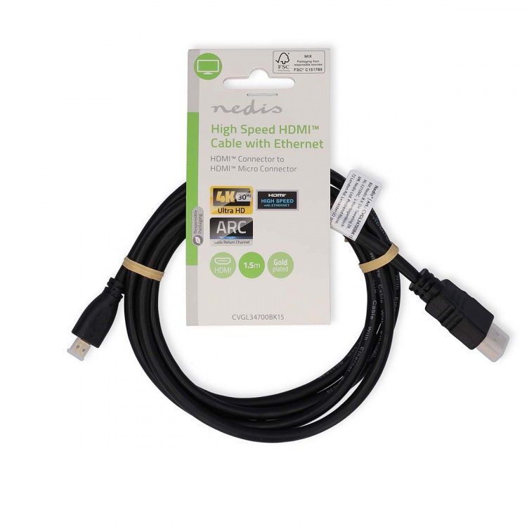 Nedis High Speed ​​HDMI ™ kabel med Ethernet | HDMI™ Kontakt | HDMI™ Micro kontakt | 4K@30Hz | 10.2 Gbps | 1.50 m | Rund | PVC | Svart | Label