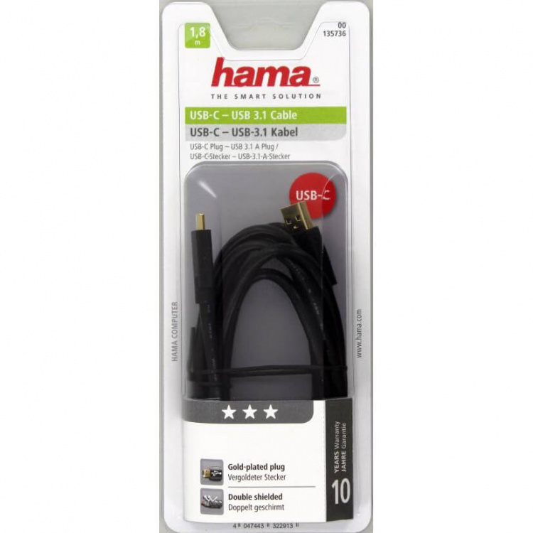 Hama Kabel USB-C-USB-A 3.1 Hane-Hane Guld Svart 1.8m
