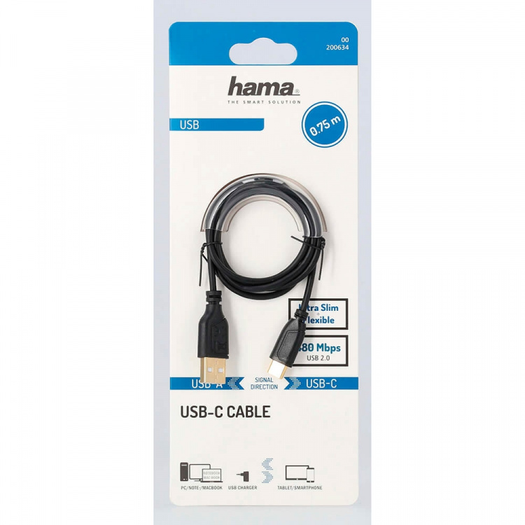 Hama Kabel USB-C Flexi-Slim USB-A-USB-C Guld Svart 0,75m