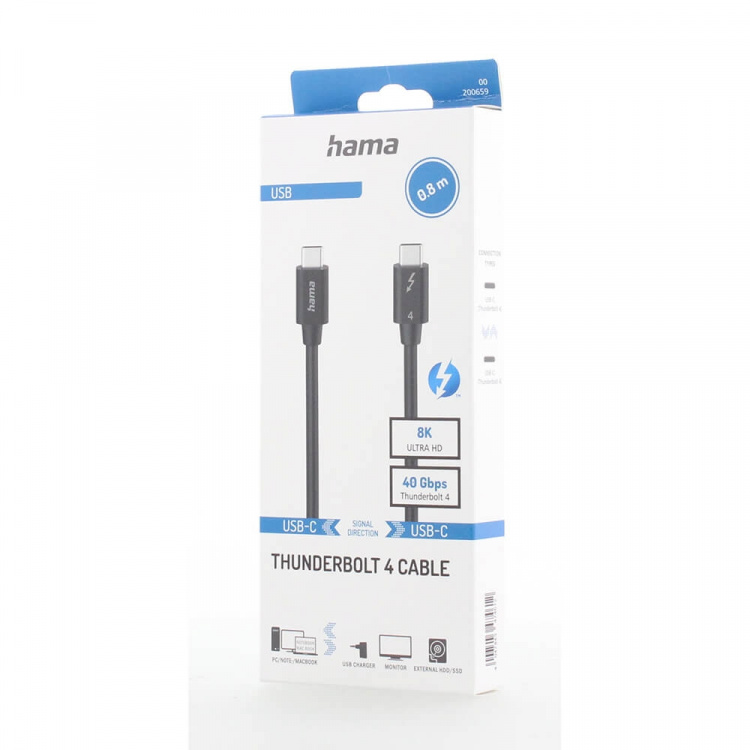 Hama Kabel USB-C Thunderbolt-4 40 Gbit/s Ultra-HD 8K 0,8m Svart