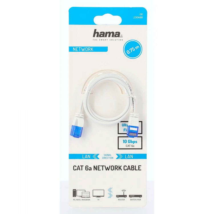 Hama Nätverkskabel CAT6a Slim U/UTP 0,75m Vit Hama Nätverkskabel CAT6a Slim U/UTP 0,75m Vit
